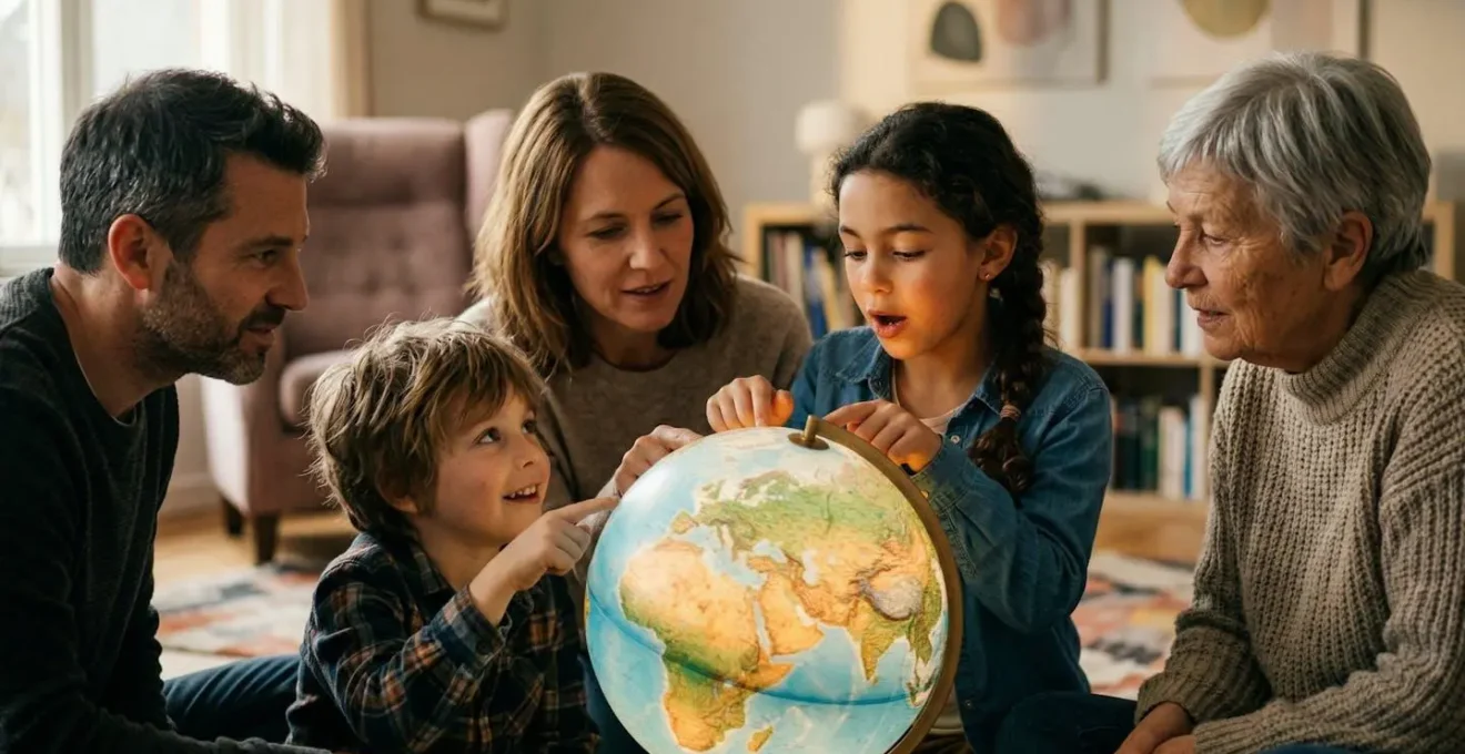Une famille réunie autour d'un globe lumineux dans un salon chaleureux, enfants et parents pointent différents pays avec curiosité