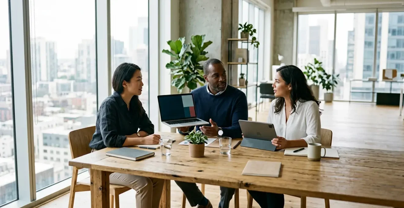 Professionnels analysant des formations e-learning sur différents écrans dans un espace moderne et lumineux