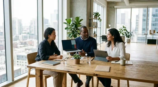 Professionnels analysant des formations e-learning sur différents écrans dans un espace moderne et lumineux