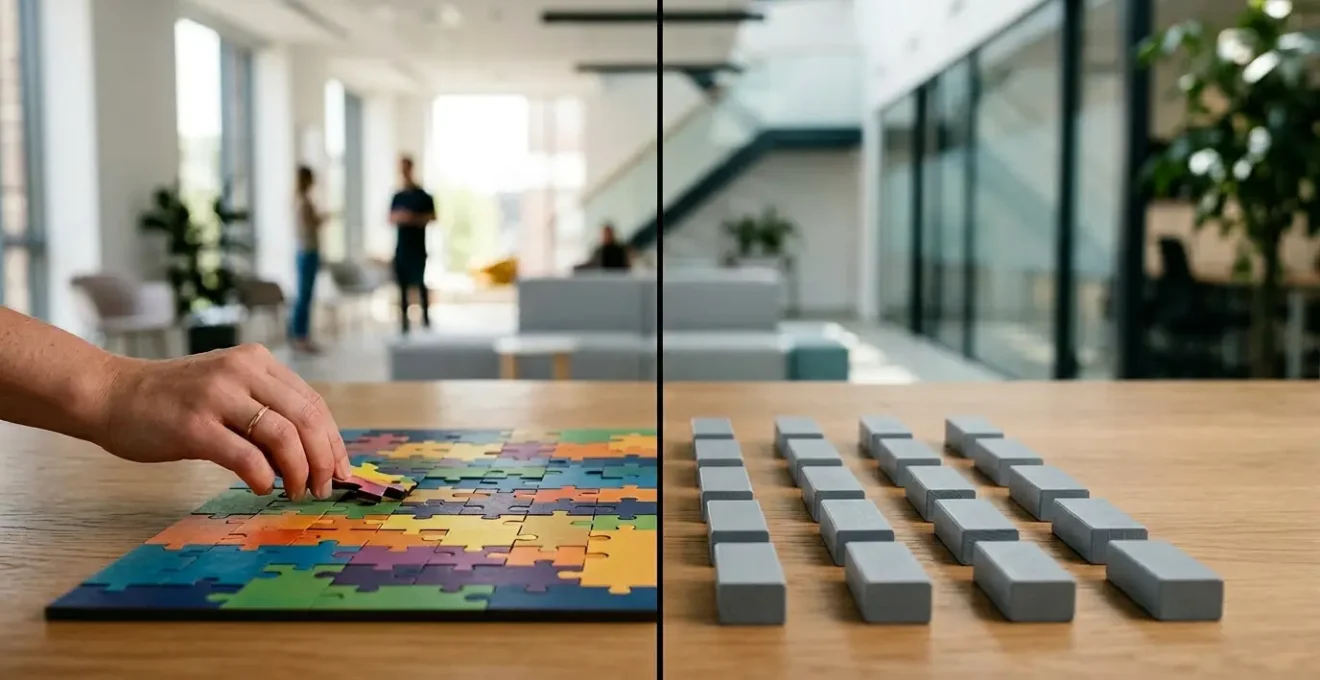 Comparaison visuelle entre une formation sur-mesure personnalisée et une formation standard dans un environnement professionnel moderne