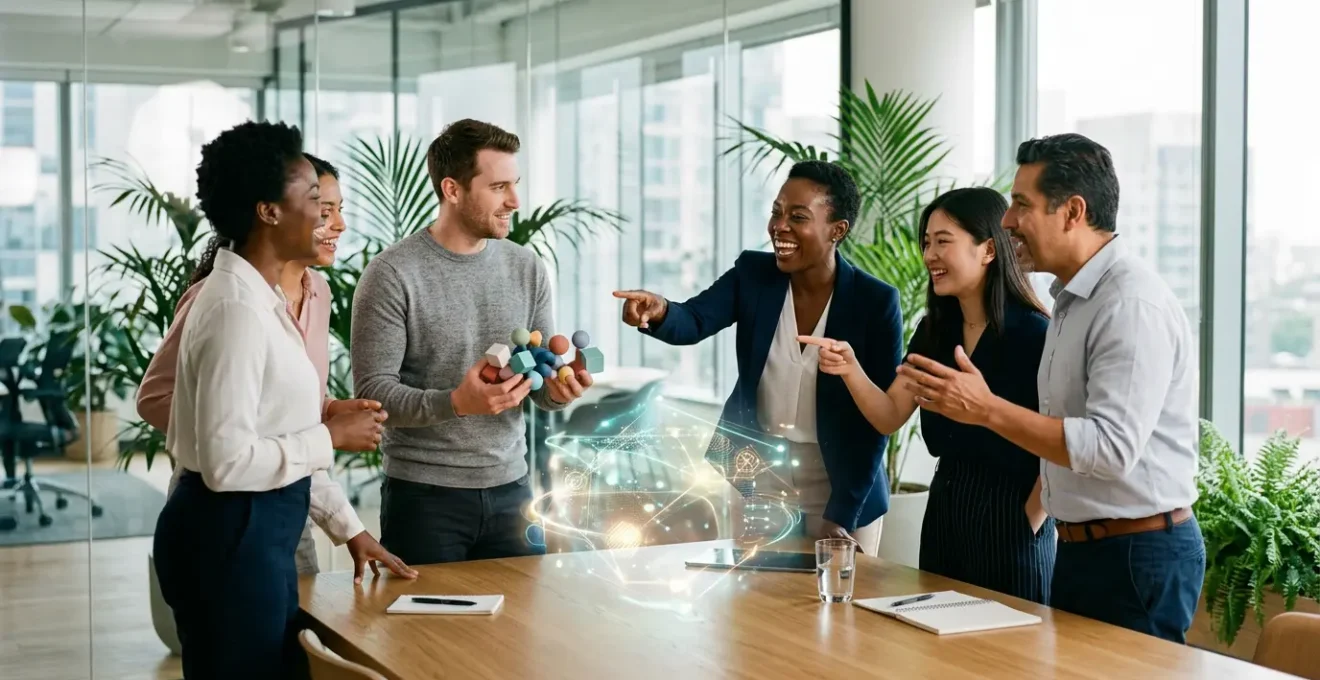 Vue dynamique d'une équipe de travail diversifiée engagée dans une collaboration interactive autour d'une table moderne