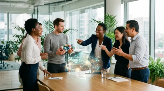 Vue dynamique d'une équipe de travail diversifiée engagée dans une collaboration interactive autour d'une table moderne