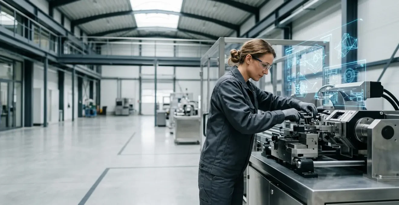 Technicien équipé de lunettes de réalité mixte travaillant sur une machine industrielle avec hologrammes superposés