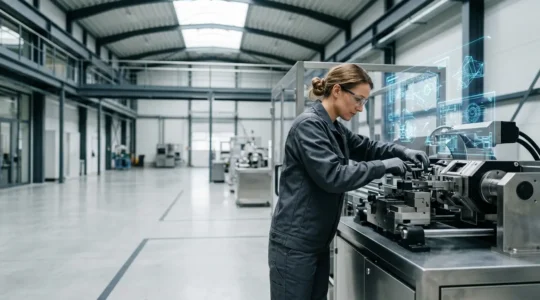 Technicien équipé de lunettes de réalité mixte travaillant sur une machine industrielle avec hologrammes superposés