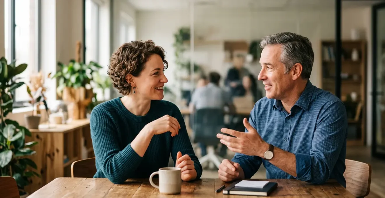 Deux professionnels échangeant dans un espace de travail moderne avec une communication positive
