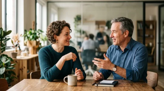 Deux professionnels échangeant dans un espace de travail moderne avec une communication positive