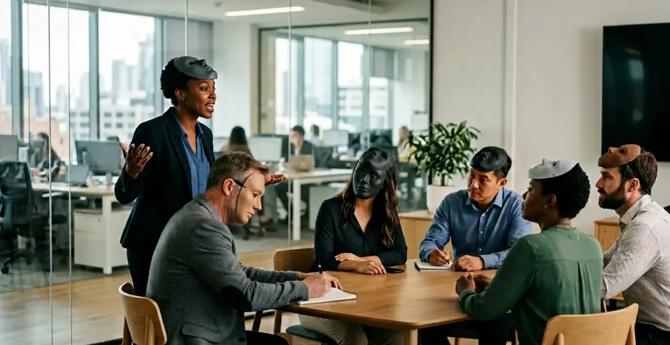 Professionnels en formation interactive utilisant le jeu de rôle avec masques et accessoires dans un espace de travail moderne