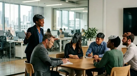 Professionnels en formation interactive utilisant le jeu de rôle avec masques et accessoires dans un espace de travail moderne