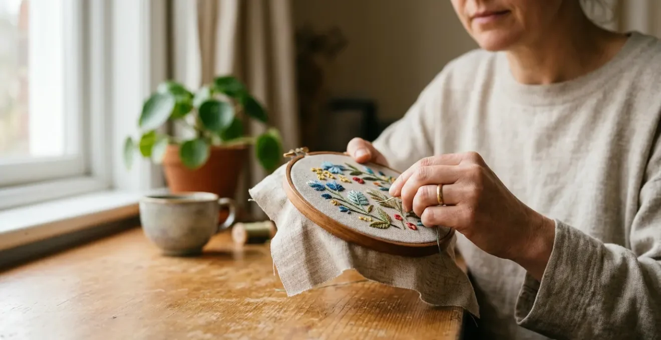 Mains tenant une toile de broderie avec fil coloré dans un environnement apaisant