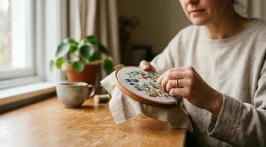 Mains tenant une toile de broderie avec fil coloré dans un environnement apaisant