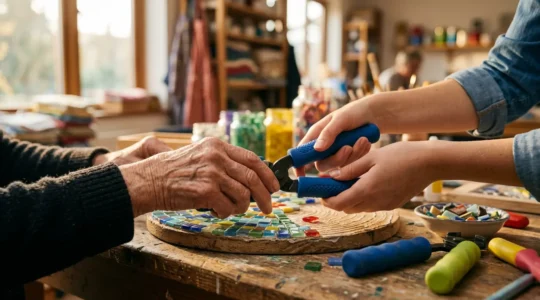 Mains de différentes générations travaillant ensemble sur un projet d'artisanat adapté