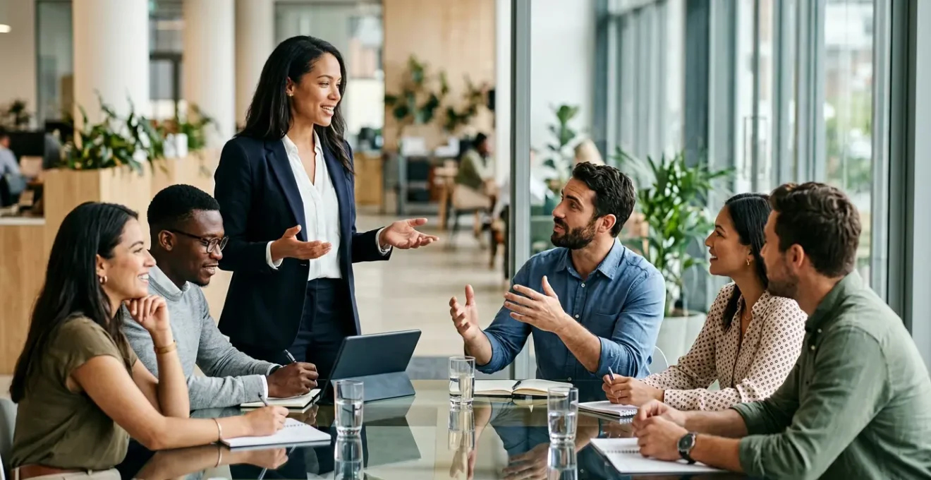 Manager facilitant une discussion collaborative avec son équipe en entreprise