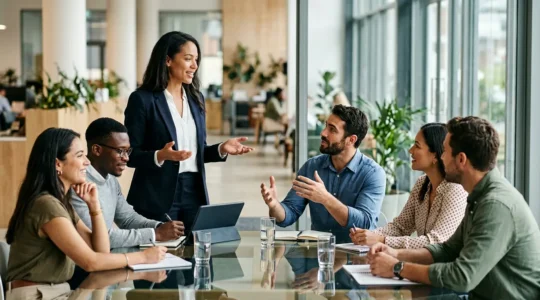 Manager facilitant une discussion collaborative avec son équipe en entreprise