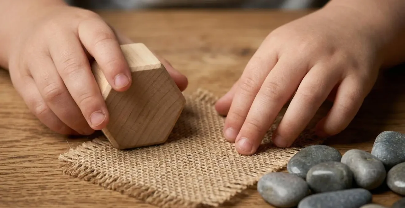 Mains d'enfant manipulant du matériel sensoriel coloré Montessori sur une table en bois