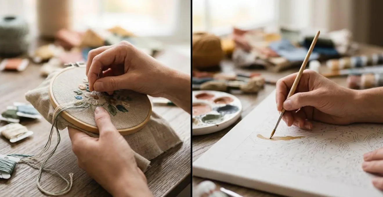 Mains en pleine concentration alternant entre broderie et peinture par numéros