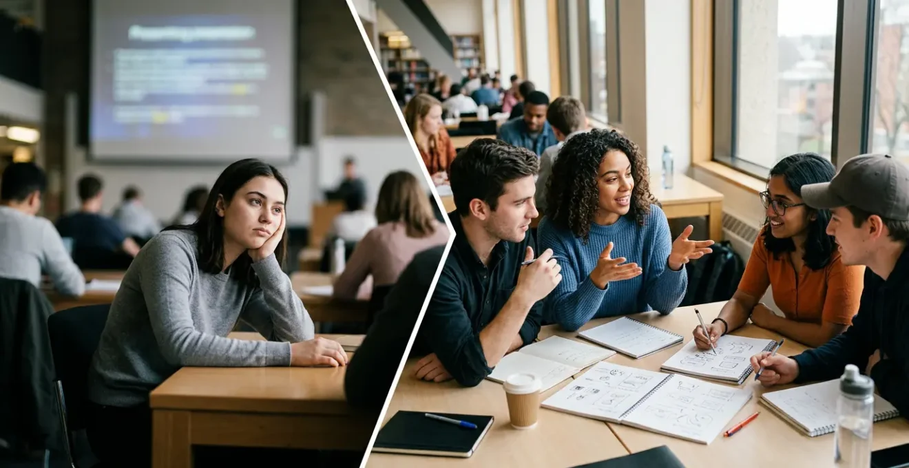 Étudiants en situation d'apprentissage actif, certains prenant des notes manuscrites, d'autres en discussion collaborative