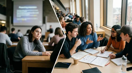 Étudiants en situation d'apprentissage actif, certains prenant des notes manuscrites, d'autres en discussion collaborative