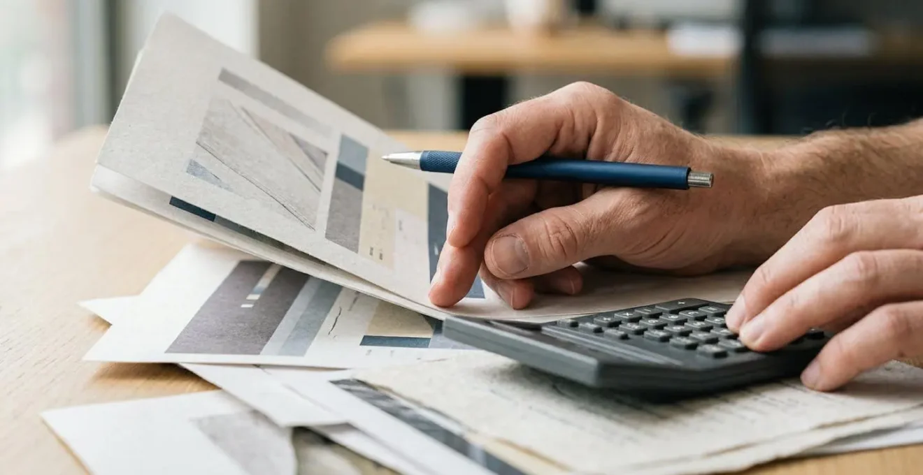 Personne consultant des documents financiers avec calculatrice et ordinateur portable dans un bureau organisé