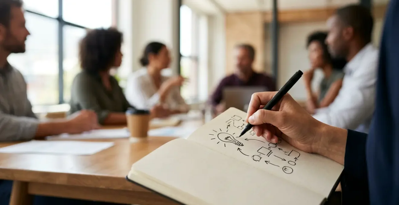 Personnes dessinant des notes visuelles pendant une réunion d'équipe