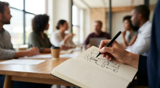 Personnes dessinant des notes visuelles pendant une réunion d'équipe