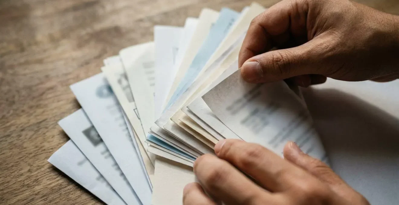 Mains organisant méthodiquement des documents professionnels sur une surface de travail