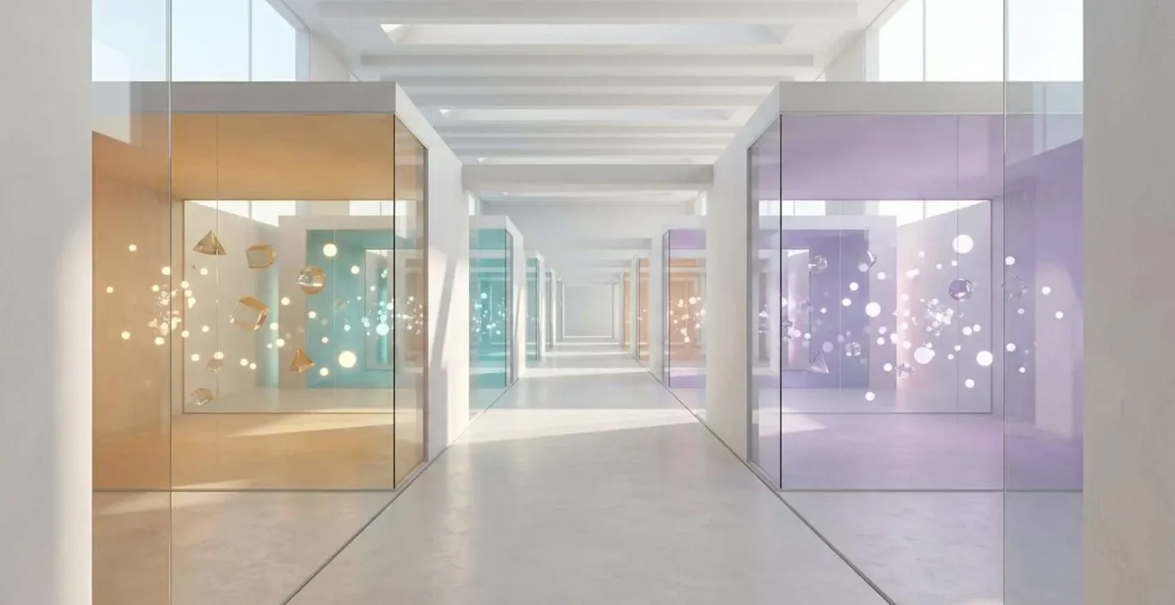 Vue architecturale d'un palais mental avec différentes pièces interconnectées représentant des zones de stockage de mémoire