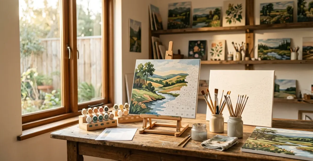 Atelier de peinture par numéros baigné de lumière naturelle avec plusieurs toiles en cours de réalisation
