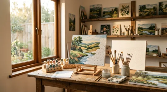 Atelier de peinture par numéros baigné de lumière naturelle avec plusieurs toiles en cours de réalisation