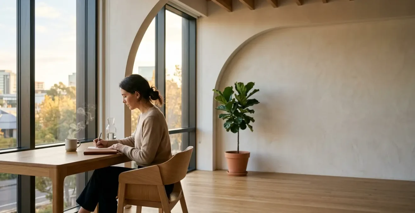 Personne travaillant dans un environnement de travail lumineux avec des éléments visuels symbolisant les cycles d'énergie et d'attention