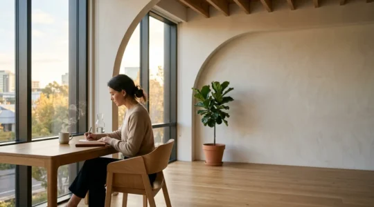 Personne travaillant dans un environnement de travail lumineux avec des éléments visuels symbolisant les cycles d'énergie et d'attention