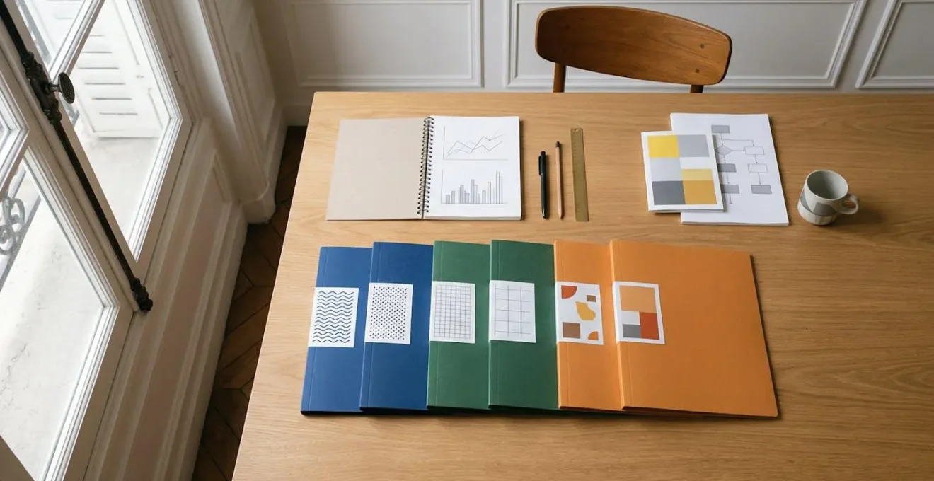 Environnement de travail minimaliste avec documents professionnels organisés montrant une progression