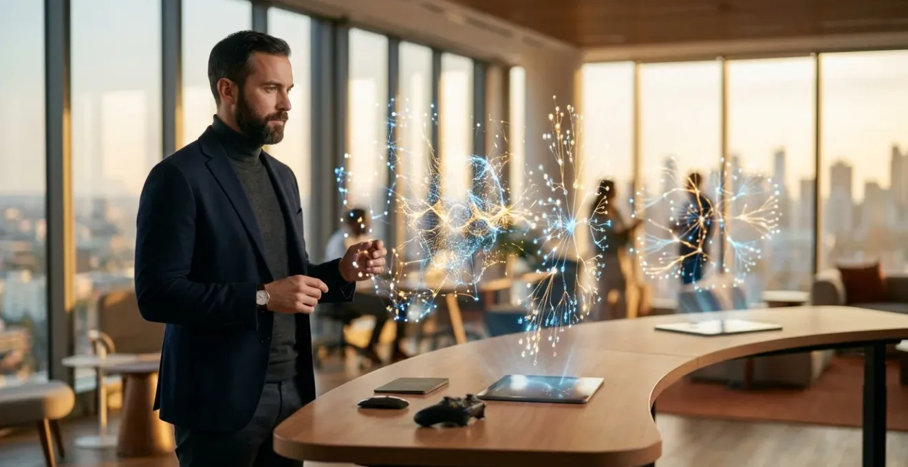 Un professionnel analysant l'évolution de ses compétences sur plusieurs écrans interactifs dans un environnement de travail futuriste