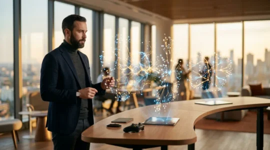 Un professionnel analysant l'évolution de ses compétences sur plusieurs écrans interactifs dans un environnement de travail futuriste