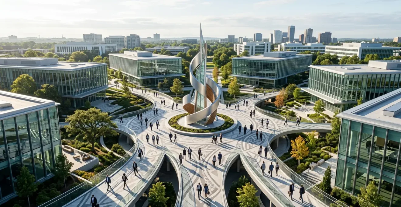 Vue aérienne d'un parcours de formation modulaire avec des personnes suivant différents chemins vers un même objectif