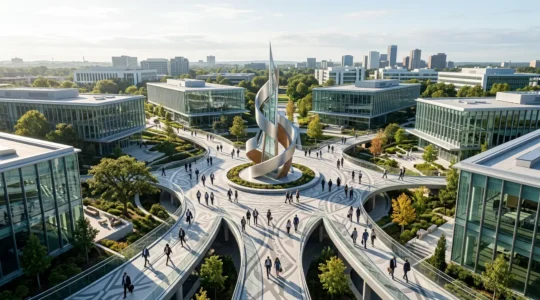 Vue aérienne d'un parcours de formation modulaire avec des personnes suivant différents chemins vers un même objectif