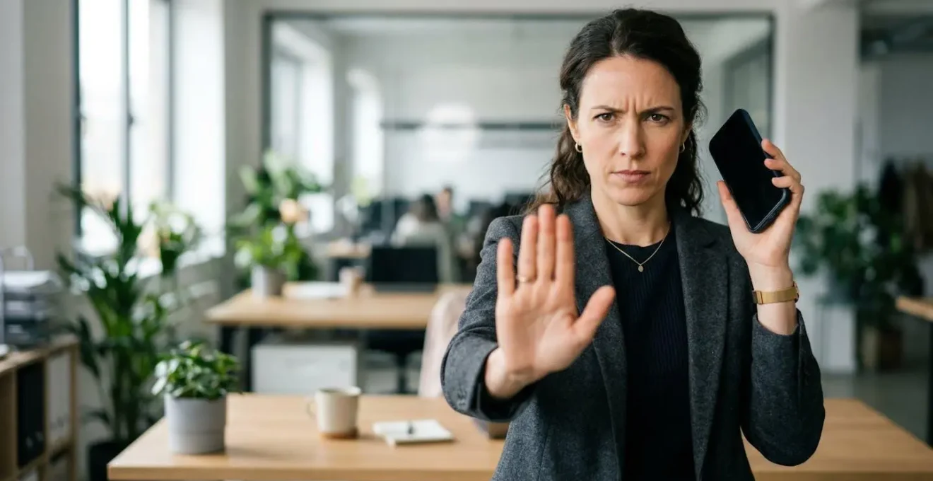Personne refusant un appel téléphonique avec geste de la main dans un environnement professionnel