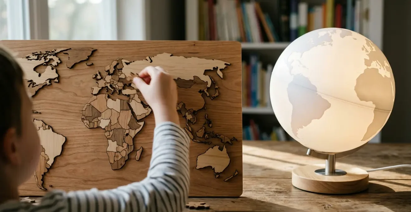 Une composition éducative montrant un puzzle en bois de la carte du monde partiellement assemblé et un globe interactif lumineux sur une table en bois