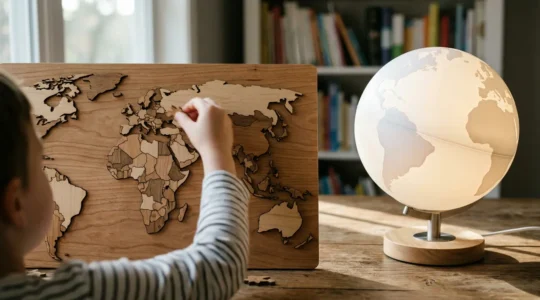 Une composition éducative montrant un puzzle en bois de la carte du monde partiellement assemblé et un globe interactif lumineux sur une table en bois