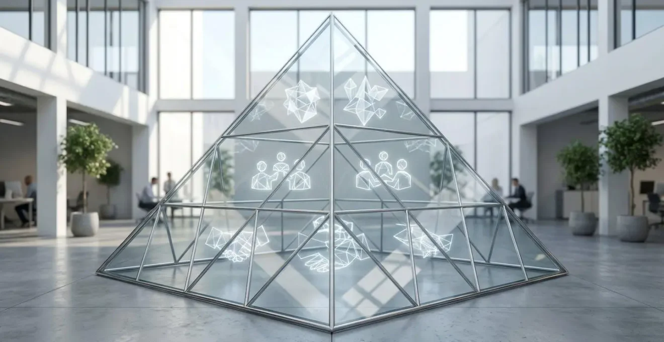 Pyramide transparente à trois niveaux représentant la hiérarchie des compétences professionnelles