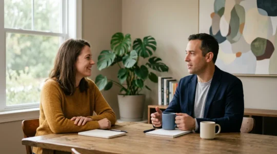 Deux personnes en discussion constructive, position égalitaire, environnement apaisant