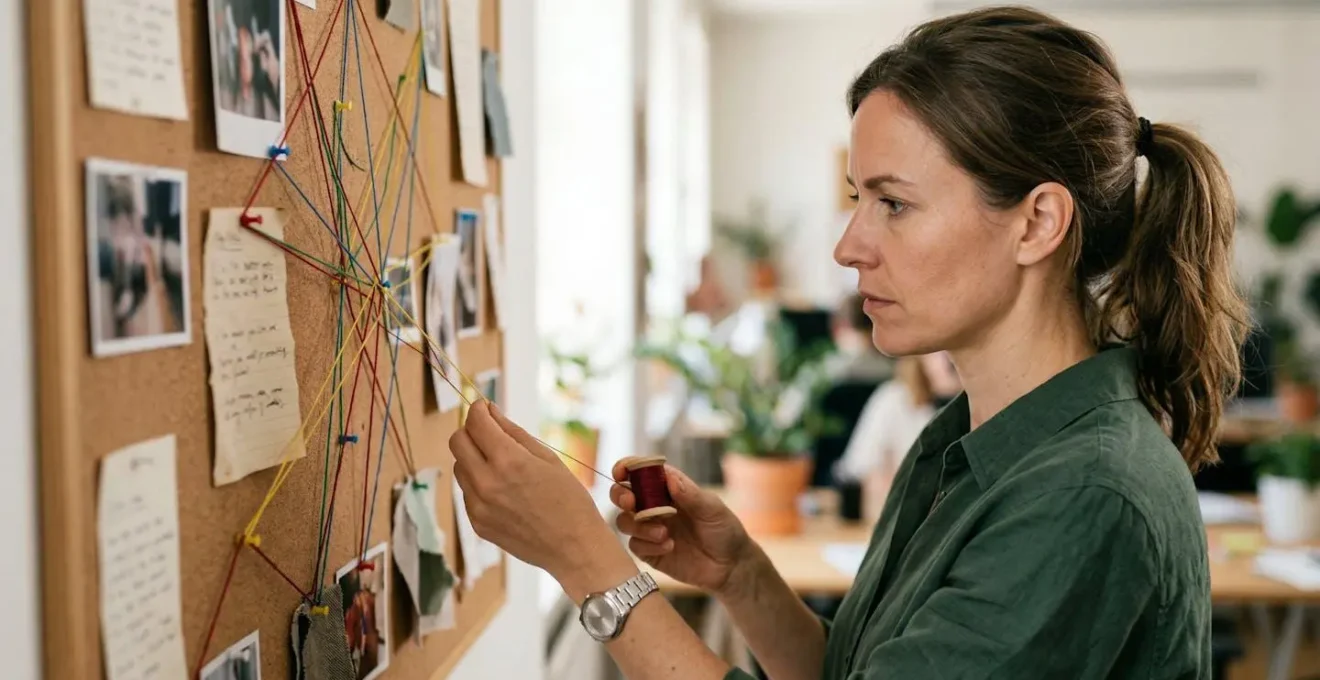 Personne en réflexion devant un tableau de mapping de compétences avec des connexions visuelles entre différents domaines