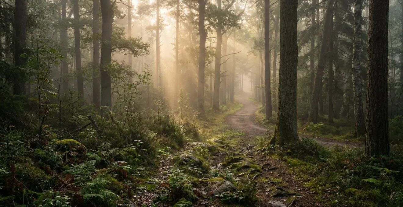 Sentier forestier représentant métaphoriquement les connexions neuronales de la mémoire : d'abord envahi par la végétation, puis de plus en plus clair.