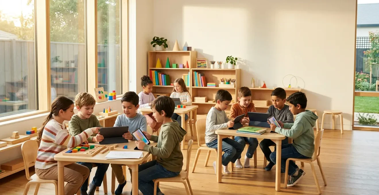 Enfants utilisant des outils numériques pour l'apprentissage en classe moderne