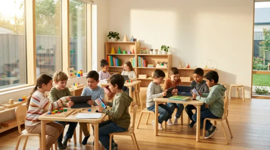 Enfants utilisant des outils numériques pour l'apprentissage en classe moderne