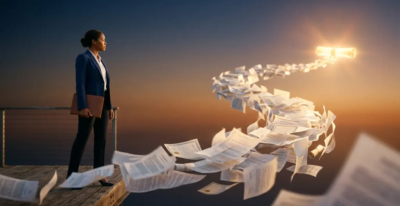 Personne contemplant un parcours professionnel symbolisé par des étapes successives menant vers un diplôme