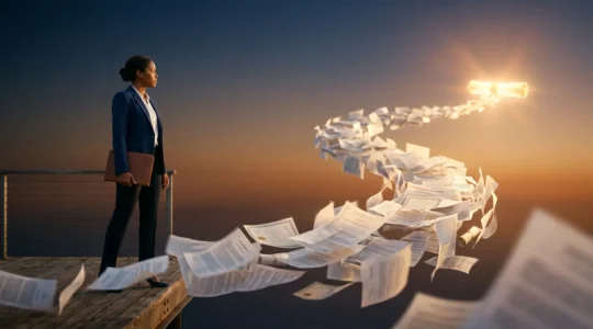 Personne contemplant un parcours professionnel symbolisé par des étapes successives menant vers un diplôme