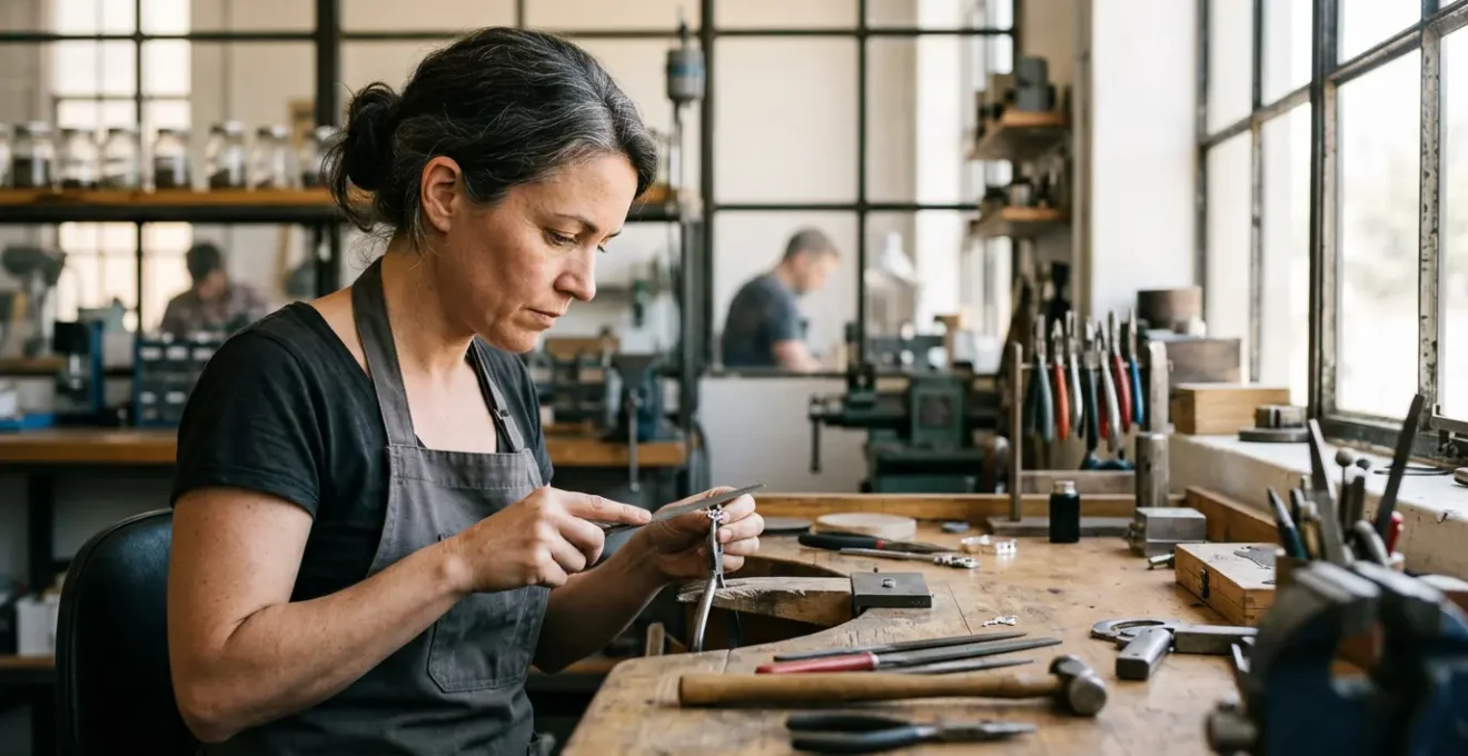 Professionnel en formation testant un geste technique dans un atelier moderne et lumineux