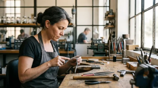 Professionnel en formation testant un geste technique dans un atelier moderne et lumineux