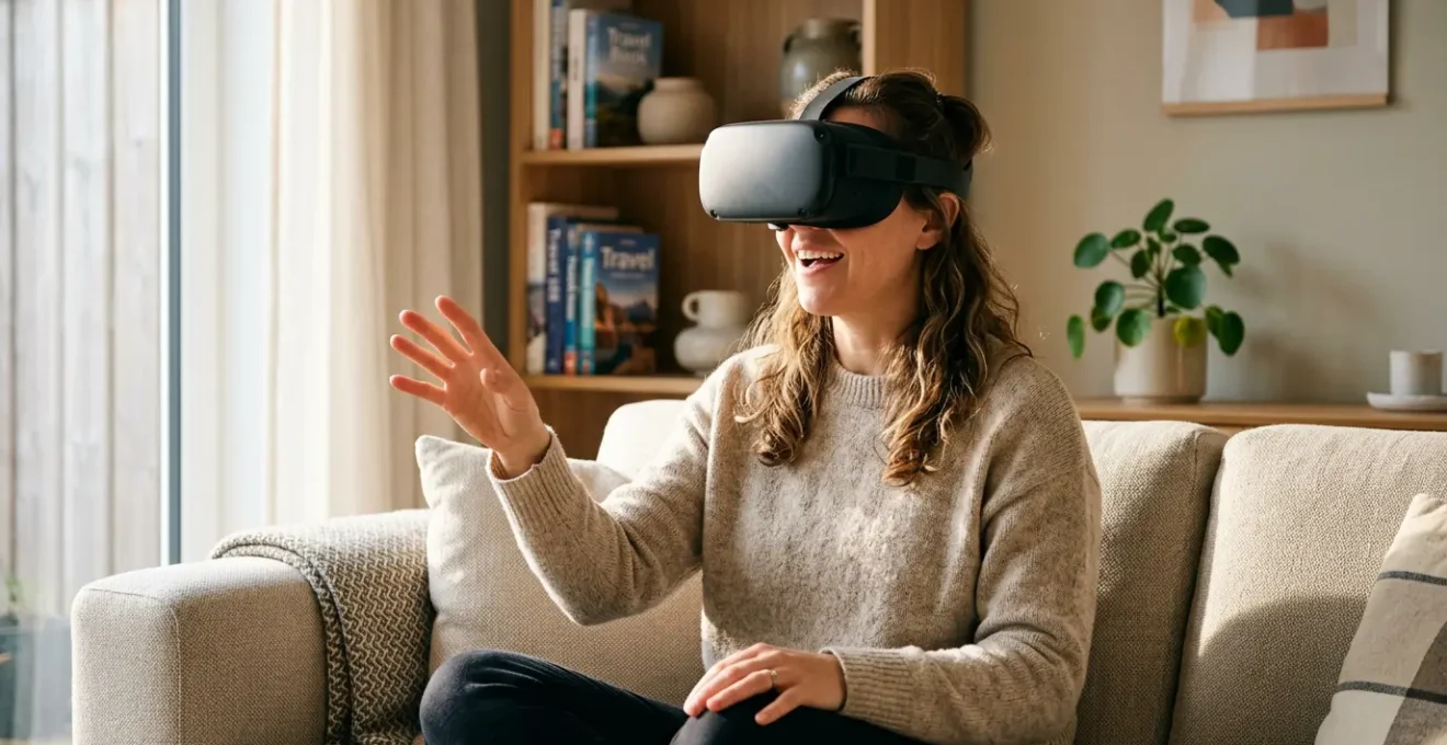 Personne portant un casque de réalité virtuelle dans un salon moderne découvrant virtuellement des monuments historiques