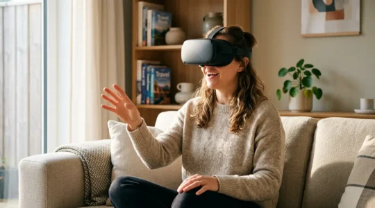 Personne portant un casque de réalité virtuelle dans un salon moderne découvrant virtuellement des monuments historiques